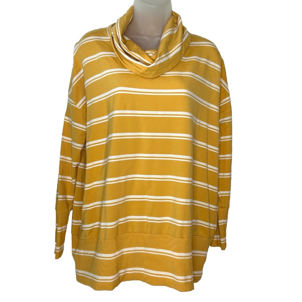 GARNET HILL Sz S Mustard Yellow White Stripe Oversized Cowl‎ Neck Knit Tunic Top